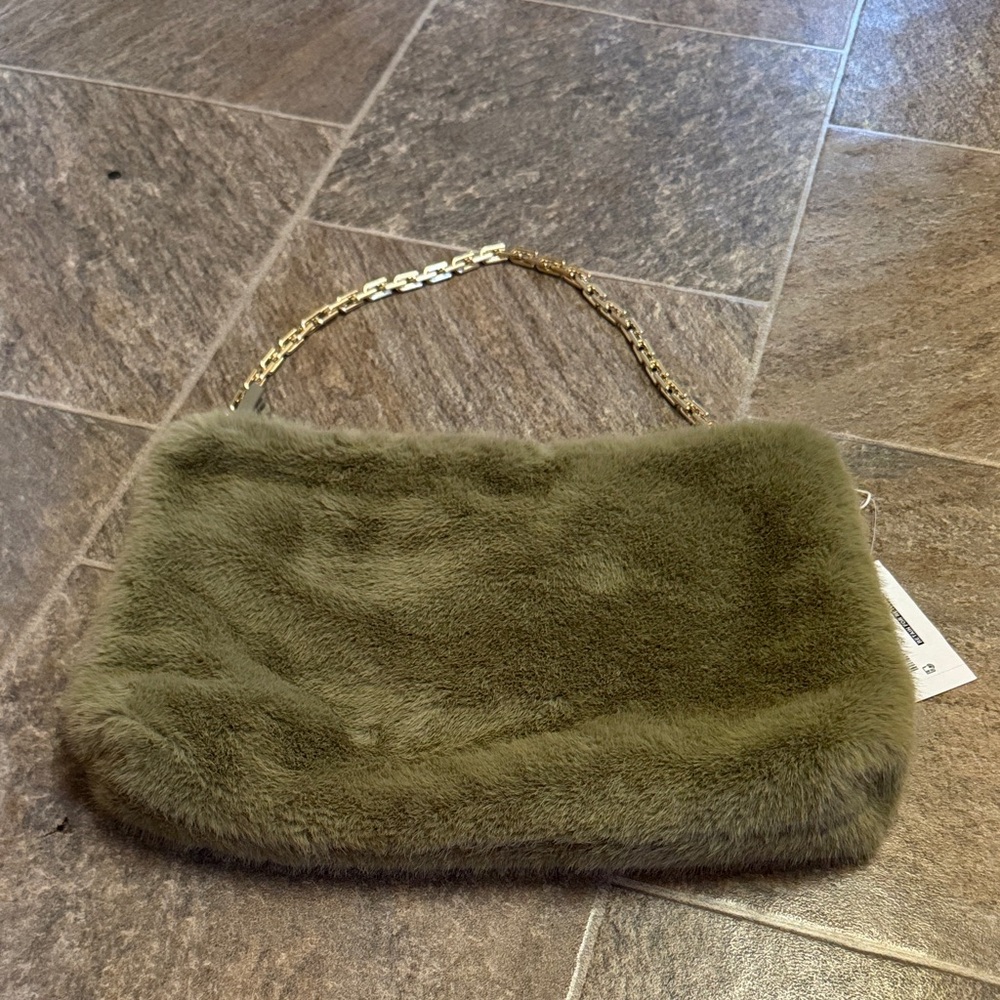 Luxurious Olive Faux Fur Clutch with Gold Chain